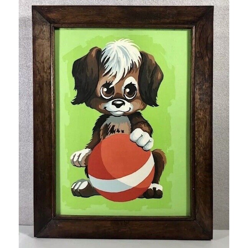 1975  Craft Master Oil Paint by Number 'New Puppy' completed and Framed